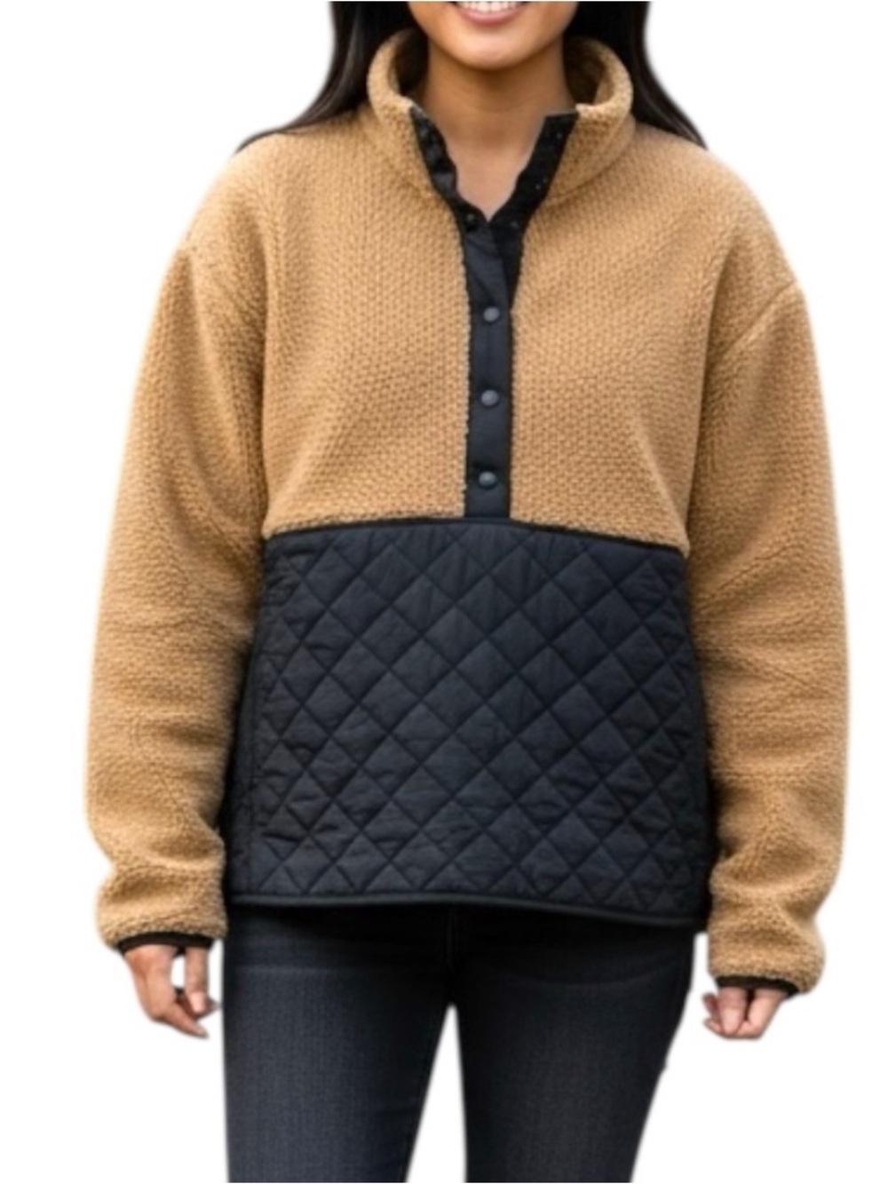 J. Crew Fleece Pullover Tan and Black Fleece with Quilted Bottom Women’s Medium